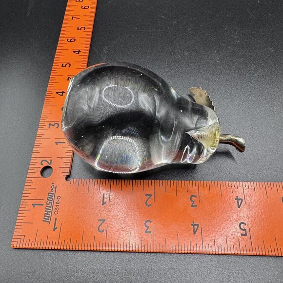 Vintage Clear Art Glass Pear Brass Leaf Paperweight Hand Blown Glass - Picture 9 of 9